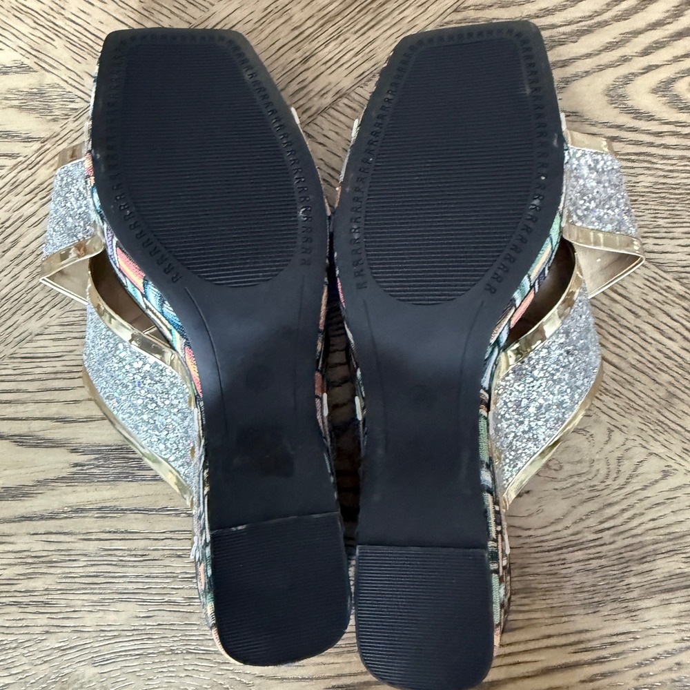 Silver Glitter Multi-Color Woven Wedge Sandals Y2K 90's Disco Square Toe Size 11 - Picture 5 of 9
